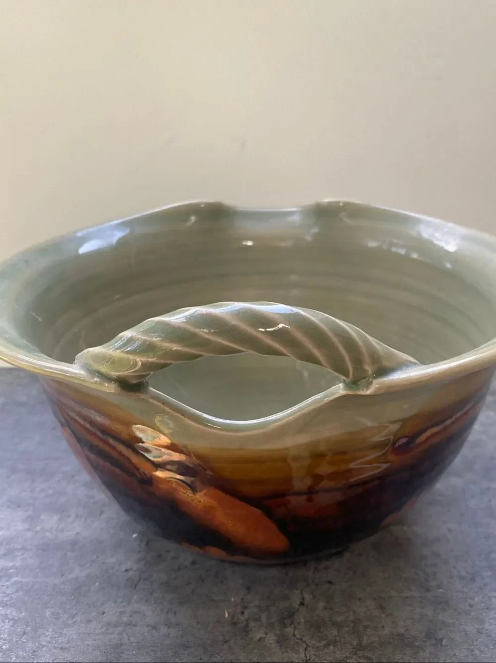 Clouds Folsom Studio Art Pottery Bowl Drip Glaze Sage Brown Rustic Cottage